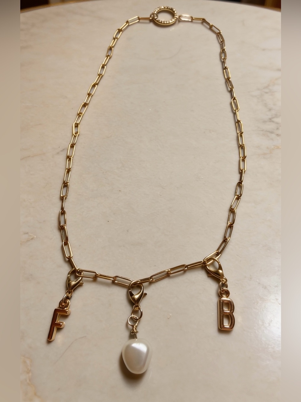 Gold Paperclip Initial Charm Necklace Pearl Custom Letter FB (Football) Layering